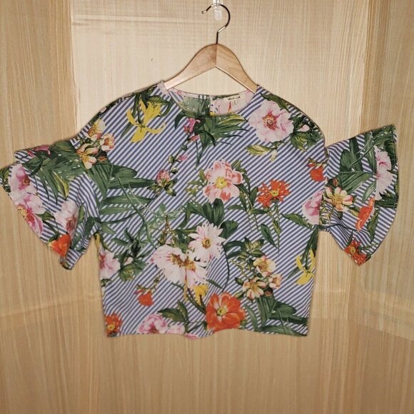 Bleuh Ciel Tropical Striped Bell Sleeve Top Meidum - Picture 1 of 7